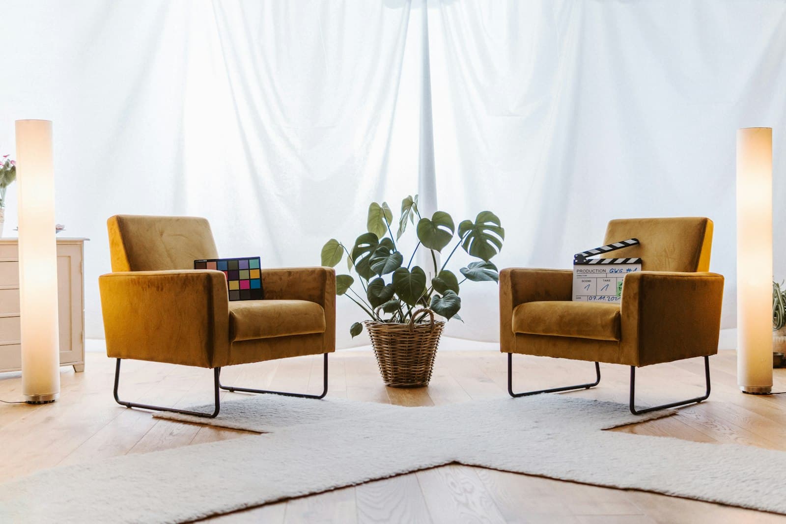 Two armchairs and a plant in a calm, sunlit therapy room