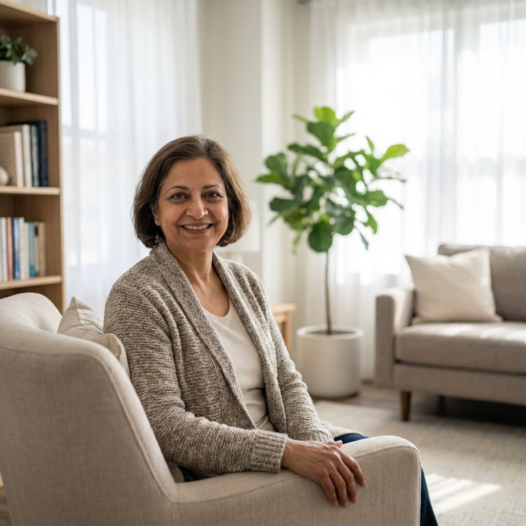 A smiling woman sitting in an armchair in a bright living room